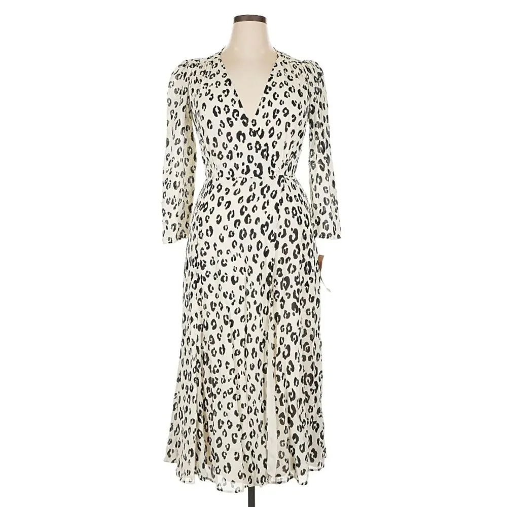 Reformation Melba Wrap Dress NWT Snow Leopard XL Long Sleeve Midi Quiet Luxury
